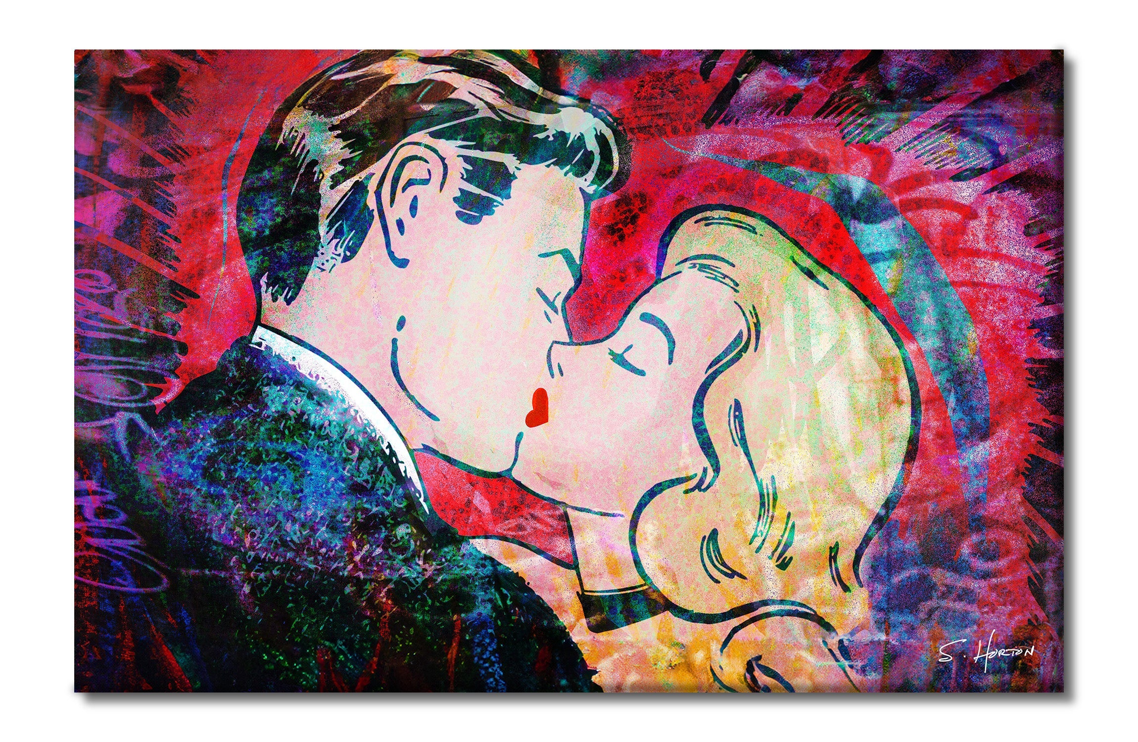 Heart-Shaped Kiss", Neon Love Series, Digital Art, Giclée on Canvas with Signature, 26"x40", Limited Edition of 50