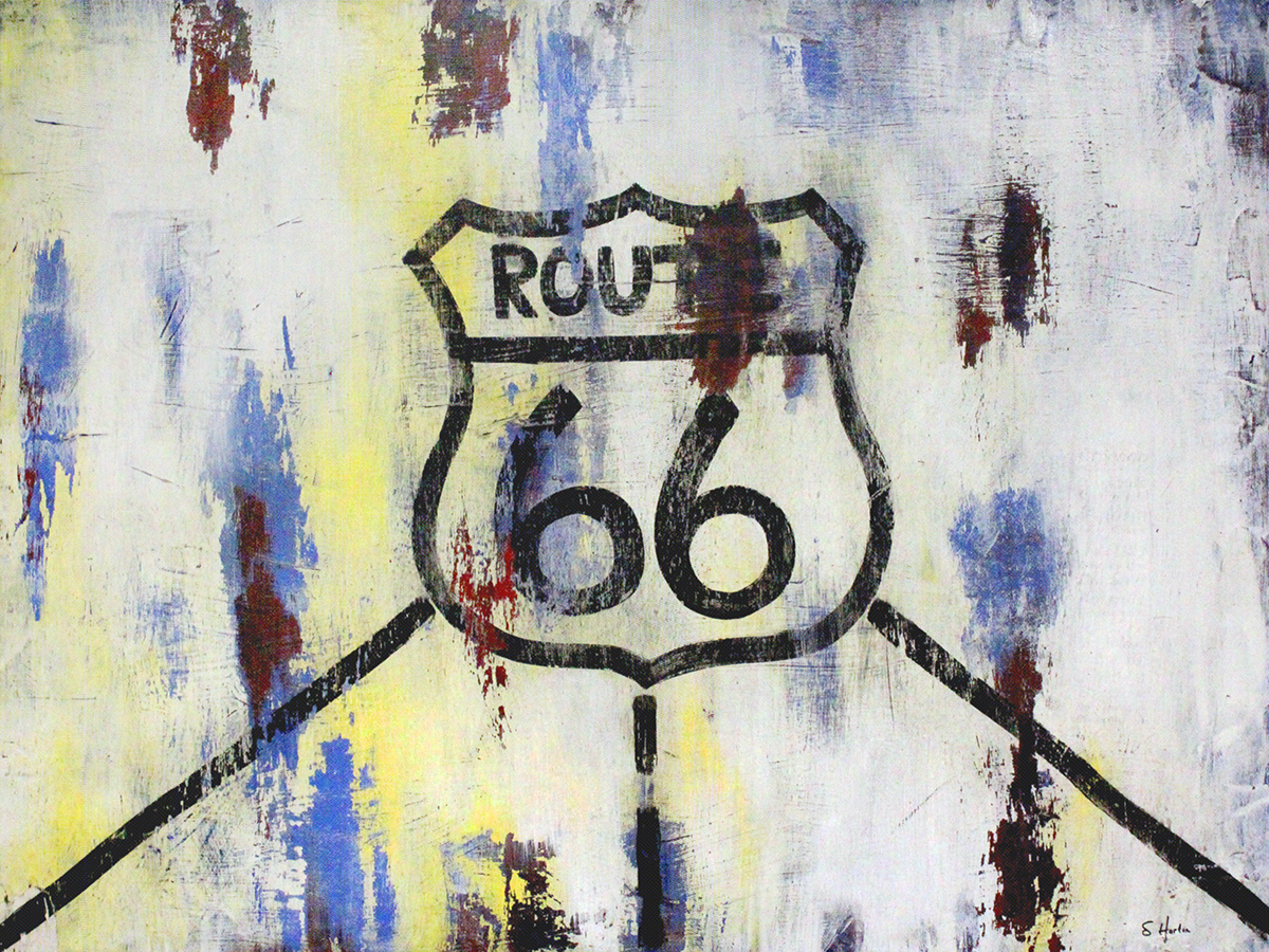 Route 66 Sign", 48"w x 36"h, Mixed Media on Board
